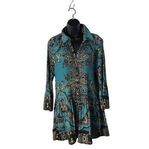 Alfani Womens Pleated Tunic Dress Size 14 Turquoise & Black Boho Paisley Print